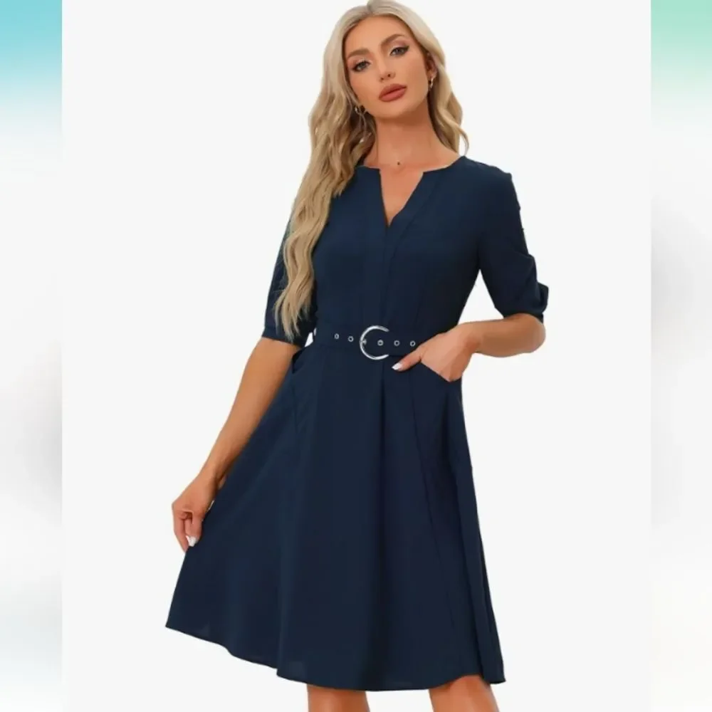 Allegra K Navy Blue Belted V Neck Dress with Pockets Size Medium NWT P2P 20 in - Picture 1 of 6